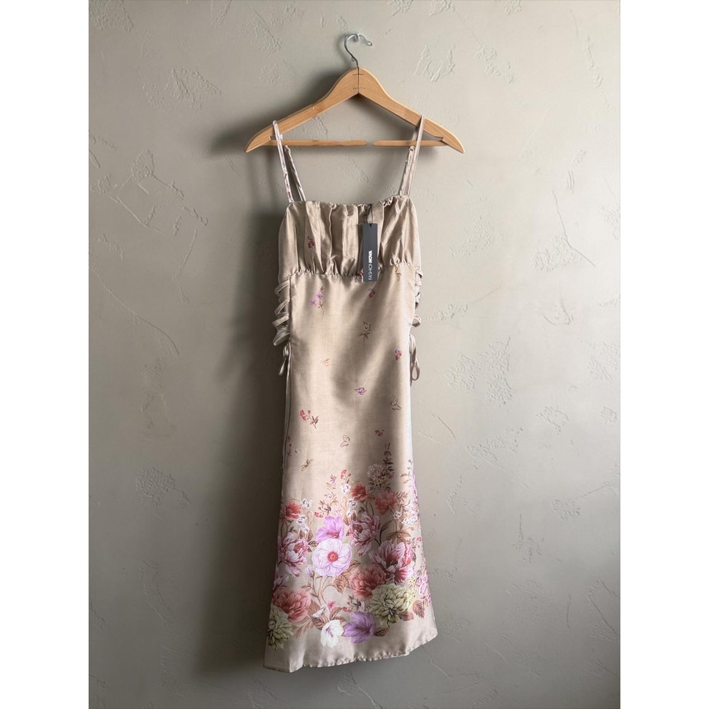Fashion Nova Selene Floral Satin Midi Dress Brown Pink Lace Up Side M
